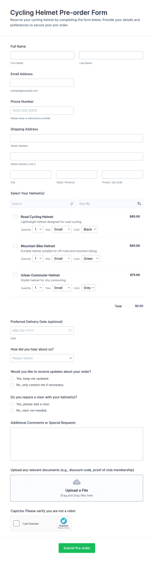 Cycling Helmet Pre Order Form Template