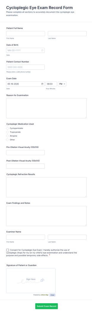 Cycloplegic Eye Exam Record Form Template