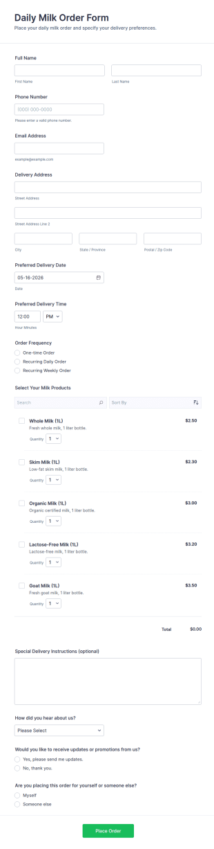 Daily Milk Order Form Template