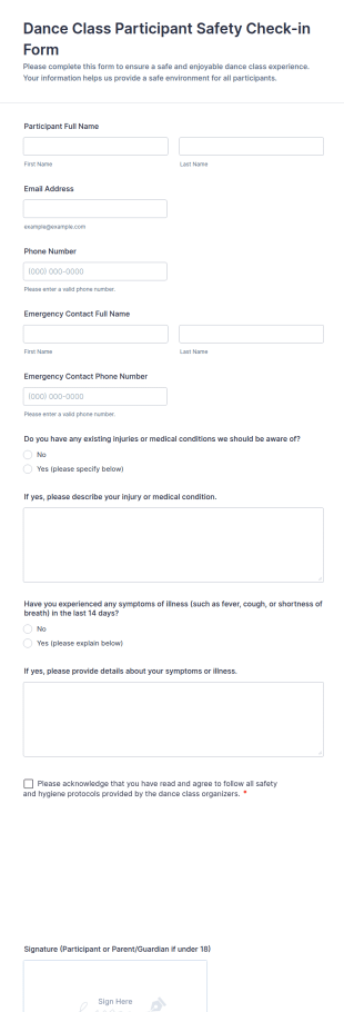 Dance Class Participant Safety Check In Form Template