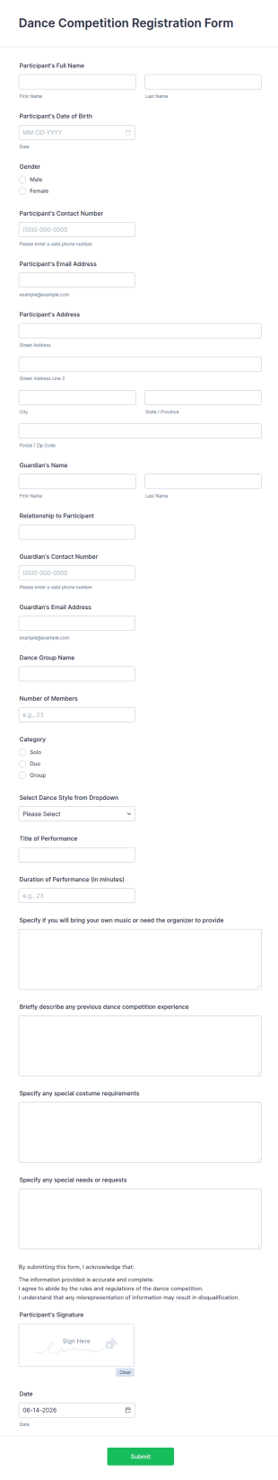 Dance Competition Registration Form Template