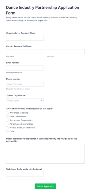 Dance Industry Partnership Application Form Template
