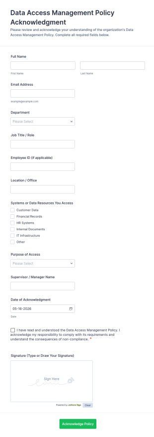 Data Access Management Policy Acknowledgment Form Template