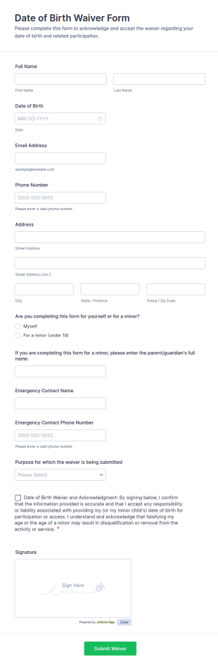Date Of Birth Waiver Form Template