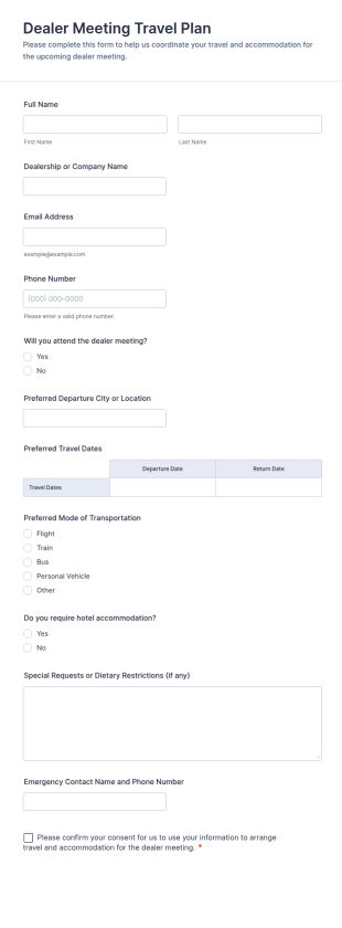Dealer Meeting Travel Plan Form Template