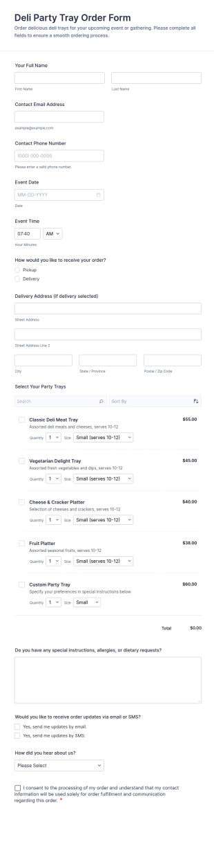 Deli Party Tray Order Form Template