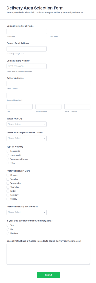 Delivery Area Selection Form Template