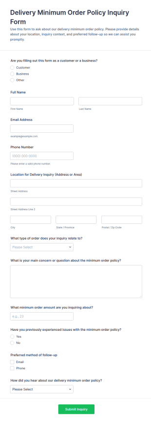 Delivery Minimum Order Policy Inquiry Form Template