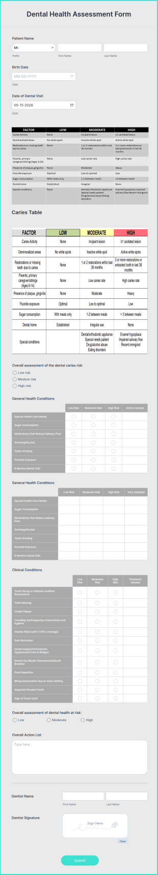 Dental Health Assessment Form Template