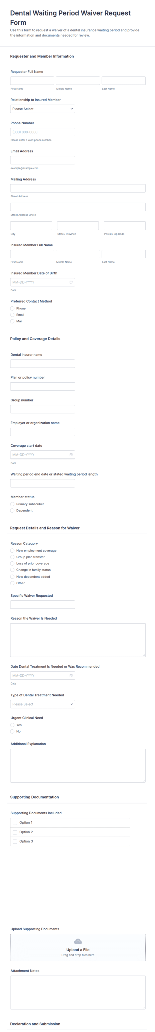 Dental Waiting Period Waiver Request Form Template