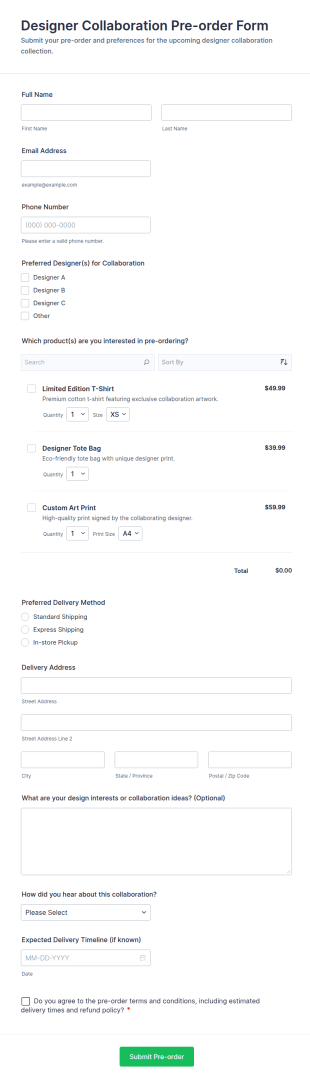 Designer Collaboration Pre Order Form Template
