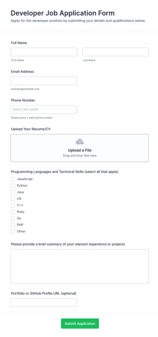 Developer Job Application Form Template