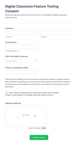 Digital Classroom Feature Testing Consent Form Template