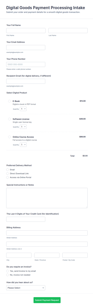 Digital Goods Payment Processing Intake Form Template