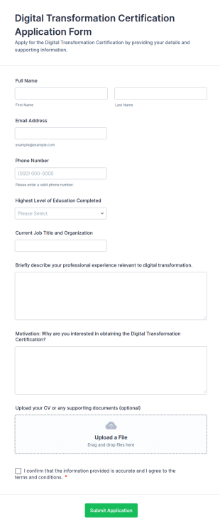 Digital Transformation Certification Application Form Template