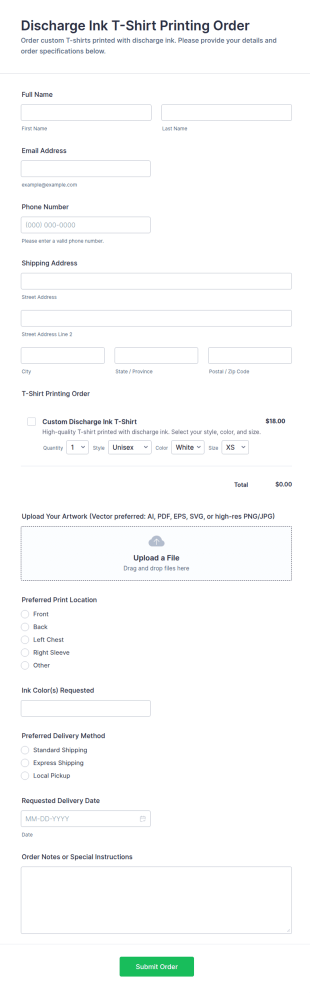 Discharge Ink T Shirt Printing Order Form Template