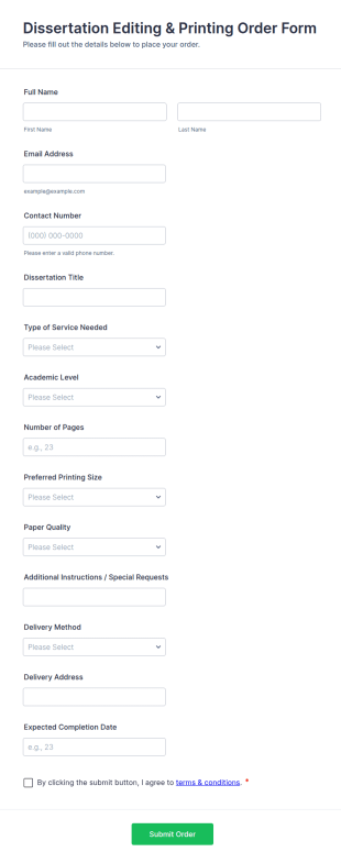 Dissertation Editing & Printing Order Form Template