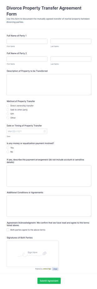 Divorce Property Transfer Agreement Form Template