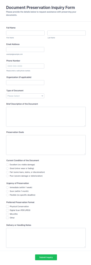 Document Preservation Inquiry Form Template