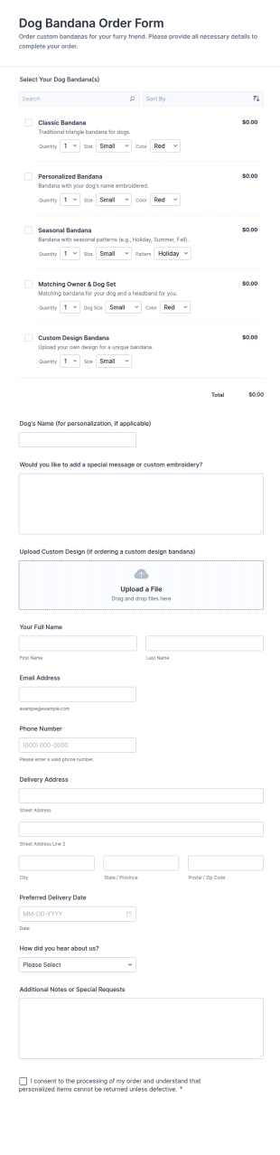 Dog Bandana Order Form Template