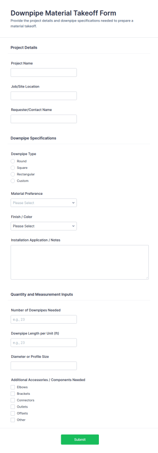 Downpipe Material Takeoff Form Template