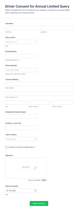 Driver Consent For Annual Limited Query Form Template