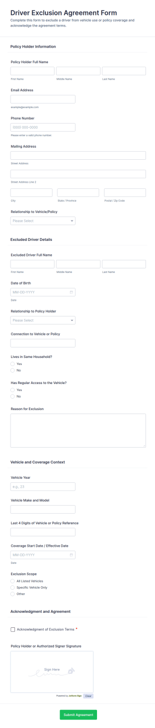Driver Exclusion Agreement Form Template