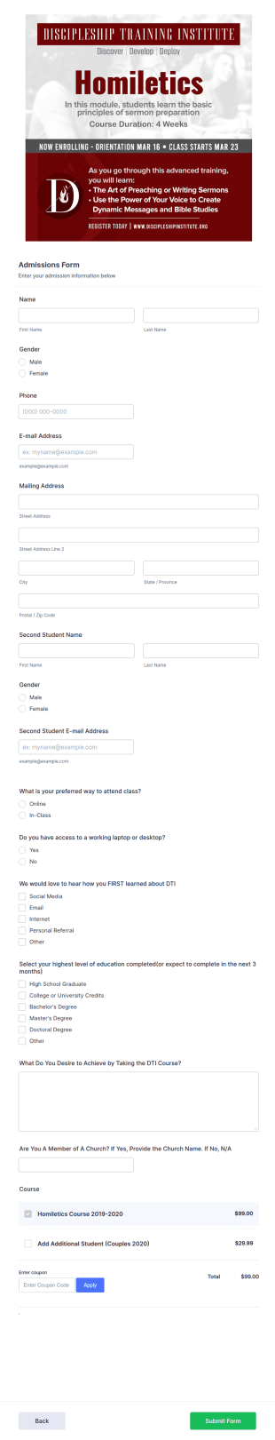 Course Admission Application Form Template