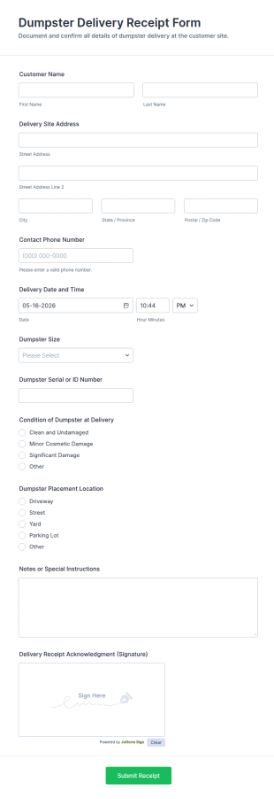 Dumpster Delivery Receipt Form Template