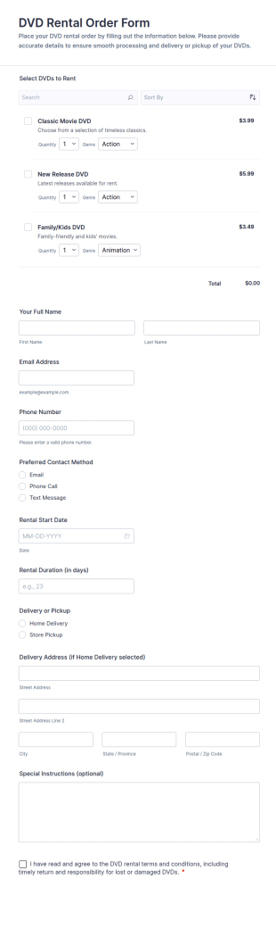 DVD Rental Order Form Template