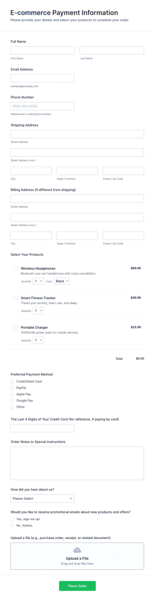 E Commerce Payment Information Form Template