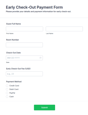 Early Check Out Payment Form Template