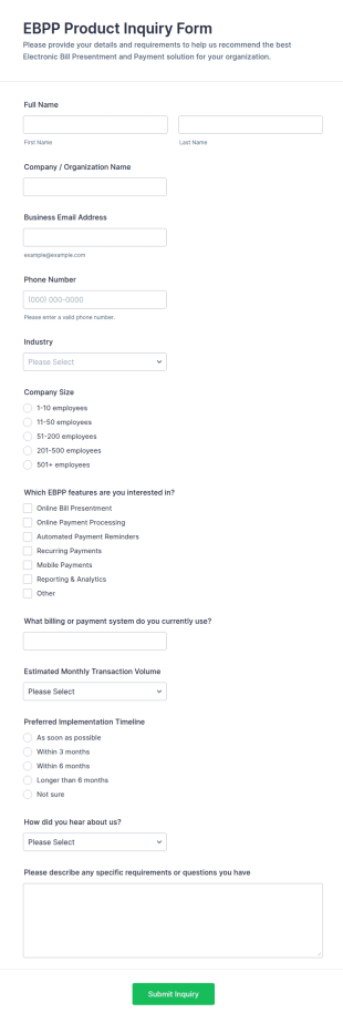 EBPP Product Inquiry Form Template