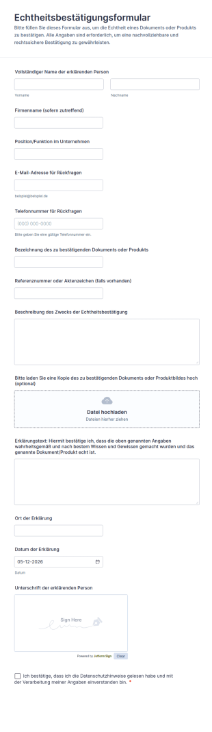 Echtheitsbestätigungsformular