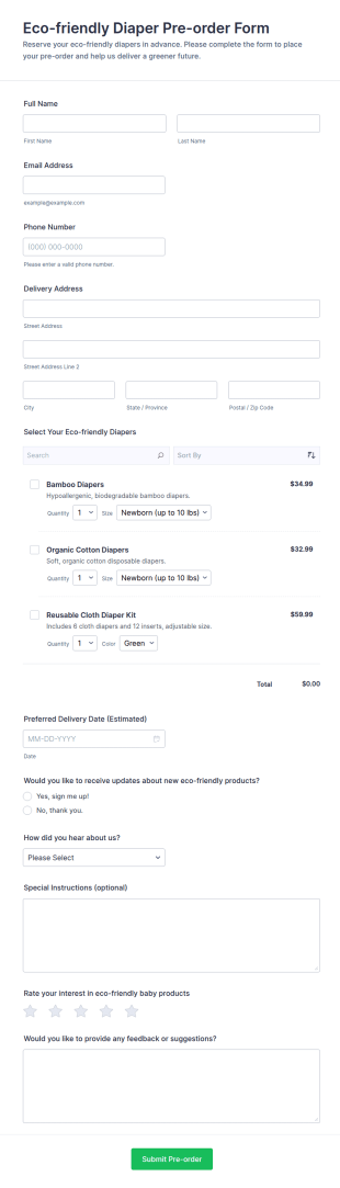 Eco Friendly Diaper Pre Order Form Template