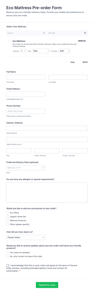 Eco Mattress Pre Order Form Template