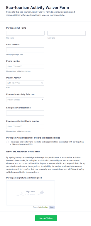 Eco Tourism Activity Waiver Form Template