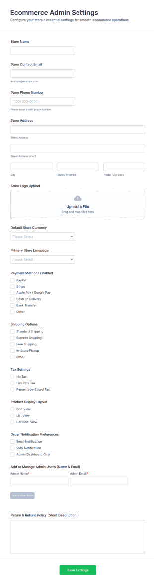 Ecommerce Admin Settings Form Template