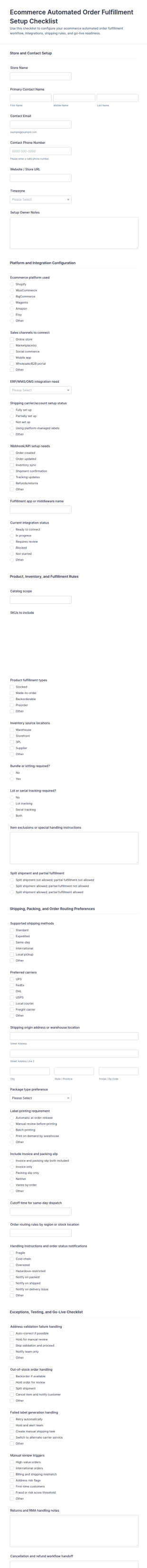 Ecommerce Automated Order Fulfillment Setup Checklist Form Template