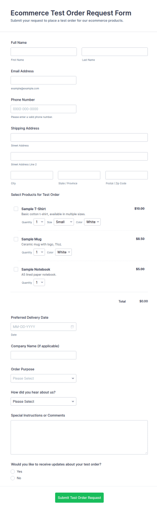 Ecommerce Test Order Request Form Template