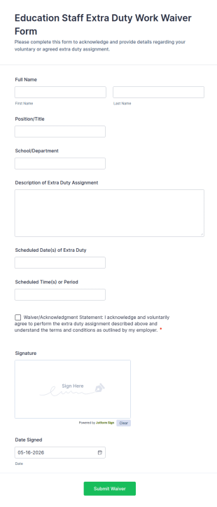 Education Staff Extra Duty Work Waiver Form Template