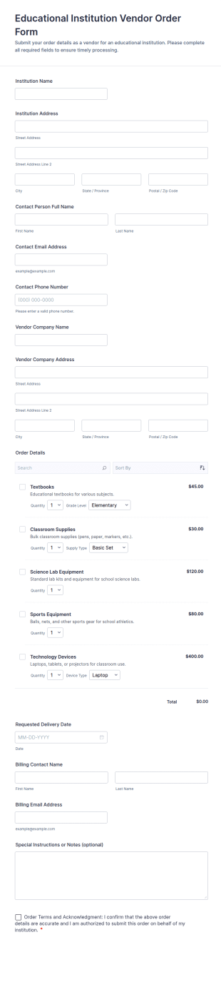 Educational Institution Vendor Order Form Template