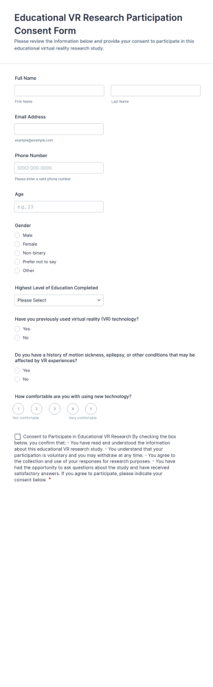 Educational VR Research Participation Consent Form Template