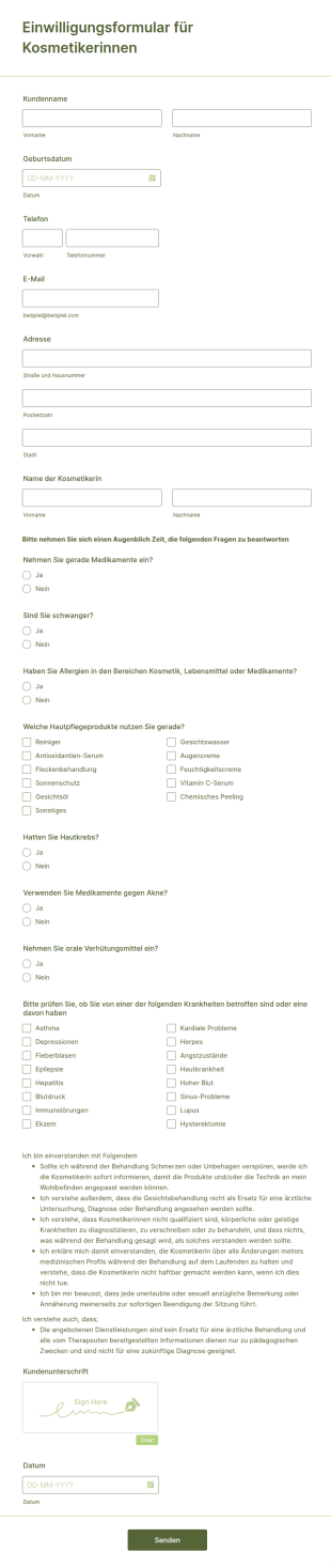 Einwilligungsformular Für Kosmetikerinnen