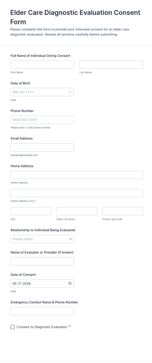 Elder Care Diagnostic Evaluation Consent Form Template