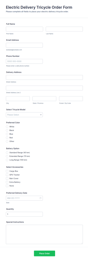 Electric Delivery Tricycle Order Form Template