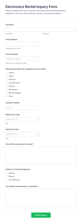 Electronics Rental Inquiry Form Template