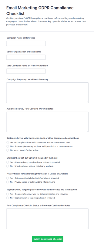 Email Marketing GDPR Compliance Checklist Form Template