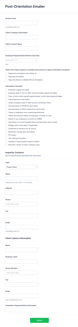Post Orientation Email Information Form Template