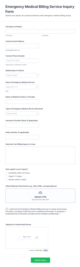Emergency Medical Billing Service Inquiry Form Template